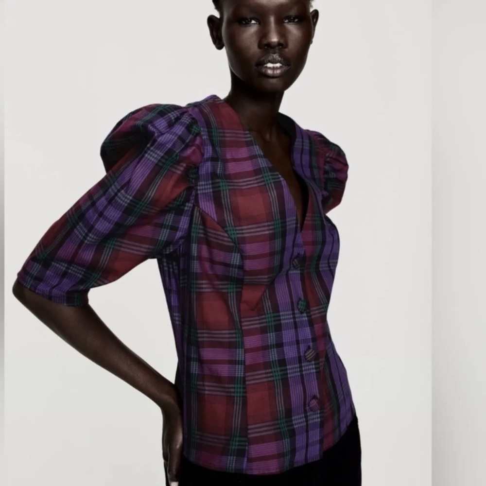 Zara  Cotton Plaid Button Up Blouse​​​​